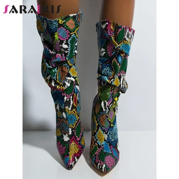 

SARAIRIS New Female 2020 Novelty Boots Mid Calf Boots Women Pointed Toe Square High Heels Pleated Mixed Colors Shoes Woman
