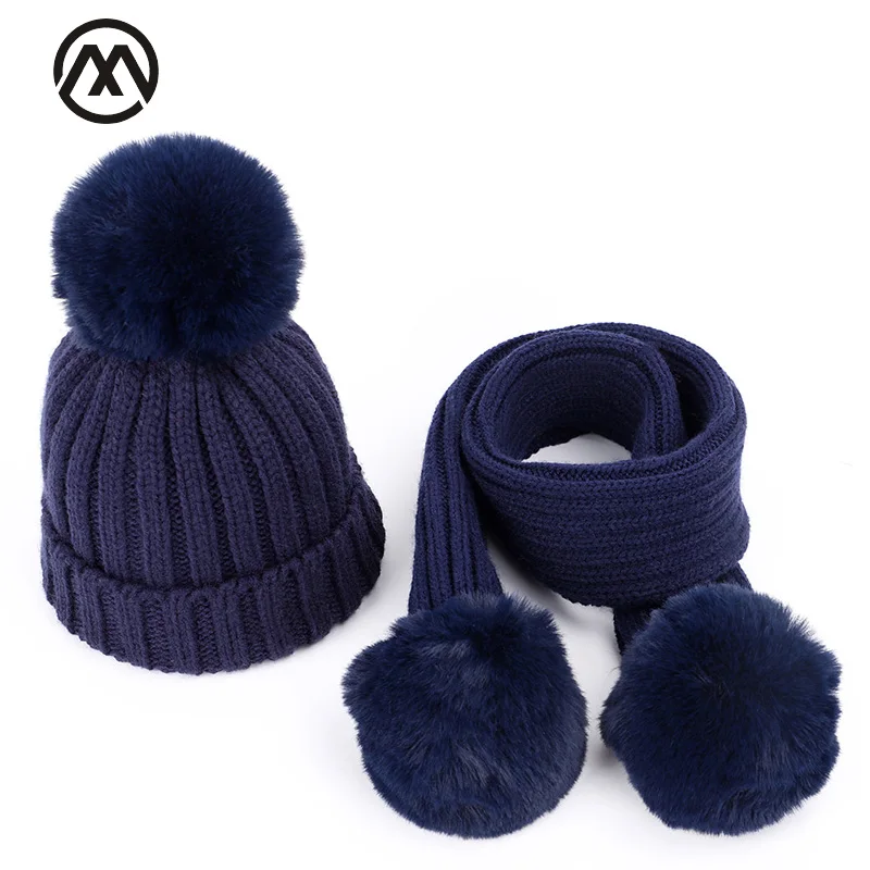 

2018 New Fashion Children's Knit Beanies Hat Scarf 2 Pieces Set Winter Boy Girl Soft Cap Scarves Solid Color pompom Baby Kids