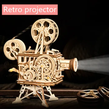 

Vintage Hand Crank Diy 3D Flim Projector Wooden Puzzle Game Assembly Toy Projector Puzzle Model Creative Gift Collect Toy