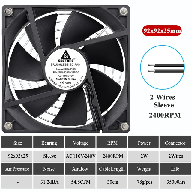 Gdstime EC Brushless Cooling Fan AC 110V 120V 220V 240V Ball Bearing Axial Fan with Srews/Grill 60MM 80MM 90MM 120MM Sleeve 92x92x25mm