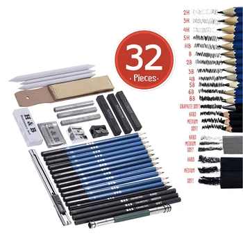 

32pcs/Set Professional Drawing Sketch Pencil Kit Graphite Charcoal Sticks Erasers Sharpeners with Carrying Bag for Art Supplies