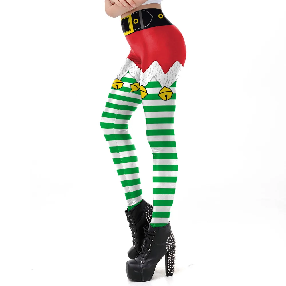 Женские рождественские леггинсы с принтом колокол в полоску, обтягивающие узкие брюки с высокой талией, брюки, леггинсы Mujer