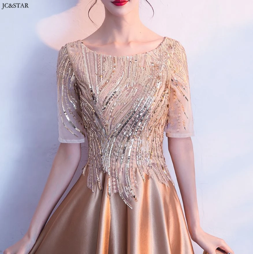 Vestidos de fiesta largos elegantes de gala boda Новое Кружевное сатиновое платье трапециевидной формы с коротким рукавом цвета шампанского, золотого, серебряного, красного, черного цвета для гостей на свадьбу