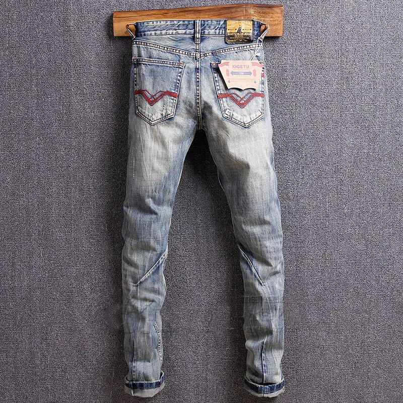 Fashion Streetwear Men Jeans Retro Wash Slim Fit Destroyed Ripped Jeans Men Biker Pants Vintage Designer 2
