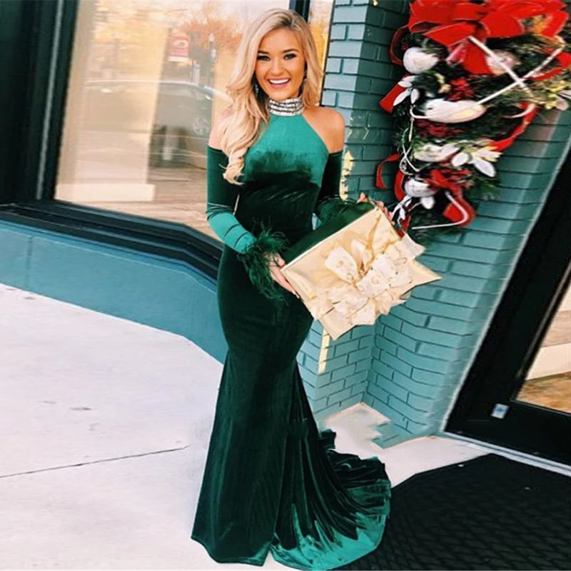 

Eightale Velvet Evening Dress Green High Neck Beaded with Detachable Long Sleeves Mermaid Prom Gown Arabic Party Dress