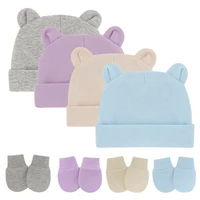 Newborn Baby Cotton Beanies Hospital Hat and Mittens Set Solid Candy Color Stretchy Infant Warm Anti Scratching Gloves 0-1 1