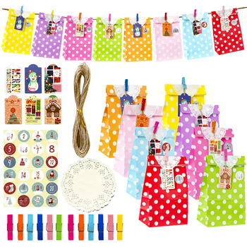 

24 Sets Christmas Gift Paper Bags Wavy Dots Color Candy Bags Baking Packaging Bags Include Paper Pads Clips Stickers Tags