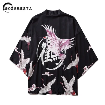 

Japanese Kanji Crane Printed Kimono Women Harajuku Hip Hop Fashion Casual Streetwear Jacket Summer Loose Cardigan Kimono Men