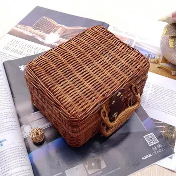 

21*17*11cm Vintage Rattan Woven Storage Case Makeup Holder Suitcase Sundries Organizer Box Useful