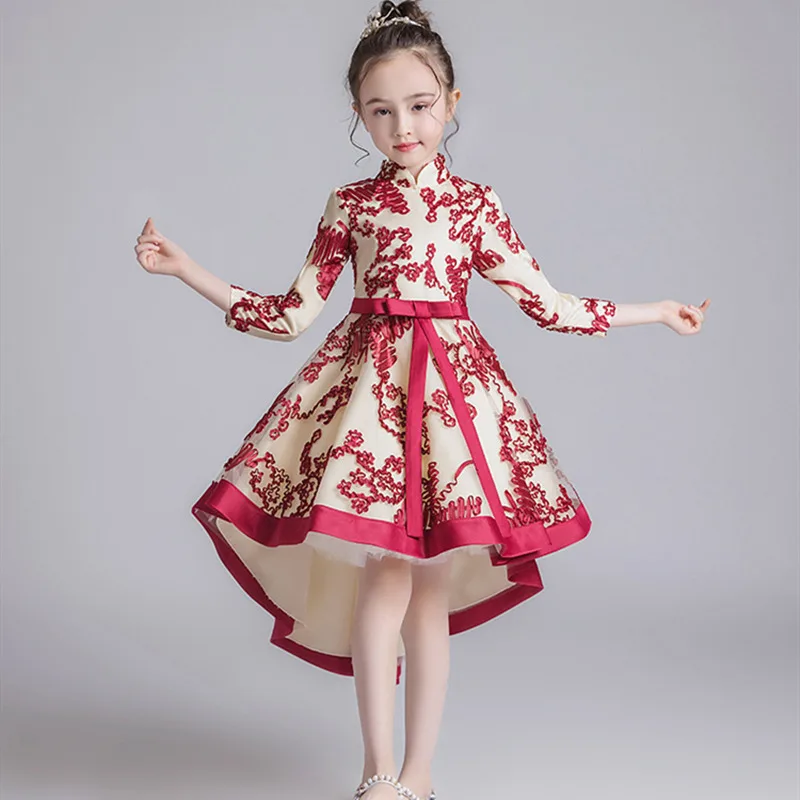 

Autumn Trailing Performance Clothing Princess Dress Girl Flower Cheongsam Children's Mesh Girls Dress Half Sleeves Elegant Party