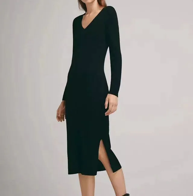

Women Dress Autumn and Winter New Knit V-neck Slim Mid-length Dress