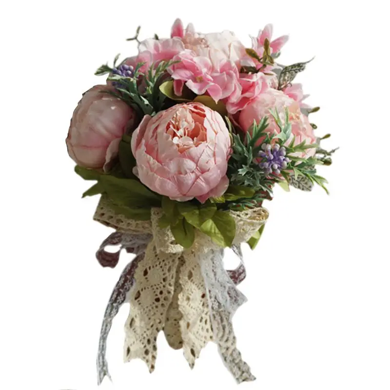 Свадебный букет ручной работы Искусственный Пион поддельные ягоды романтическая Невеста держащая цветок деревенская длинная кружевная