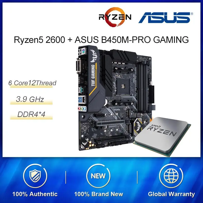 Для новых комплект AMD Ryzen R5 2600 3 6 ГГц ядерный 12 нить Процессор процесс ASUS TUF B450M PRO