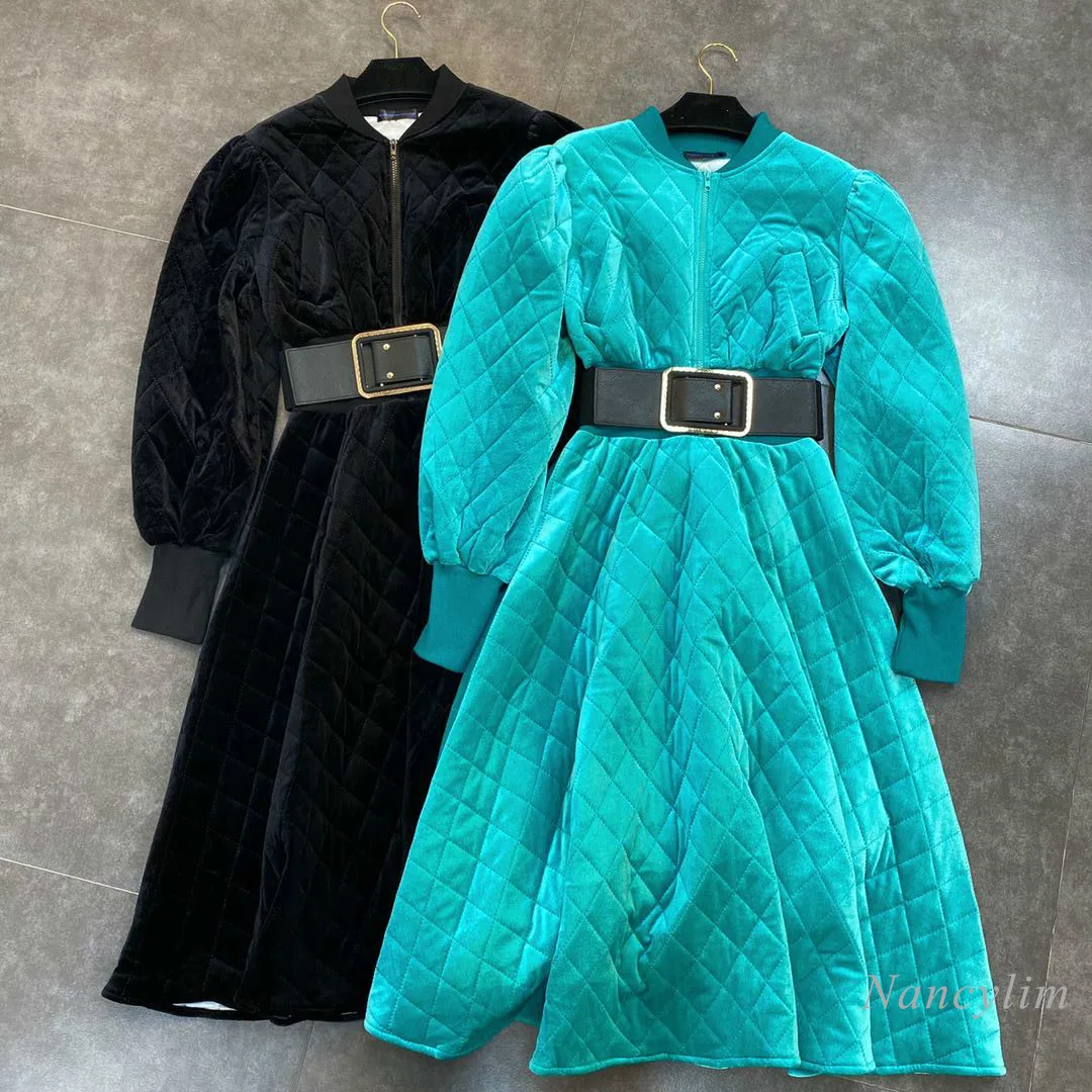 

Winter Dress for Women Diamond Plaid Pattern Velvet Belt Waist Slimming Fit Elegant Dresses Lady Zipper Vestidos Nancylim