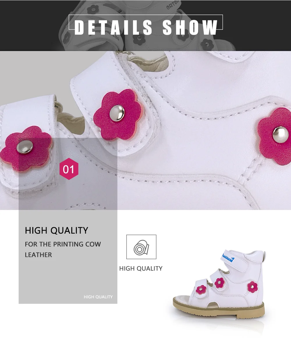 Kids Girls High-top Corrective Shoes White Genuine Leather Orthopedic Sandals with Lovely Flower Spring Summer Shoes for Health