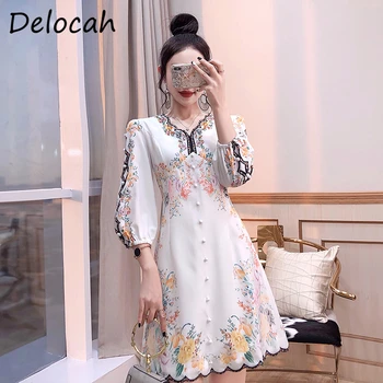 

Delocah Women Autumn Fashion Runway A-Line Dress Crystal Beading Sequined Button High Waist Floral Print Ladies Short Dresses