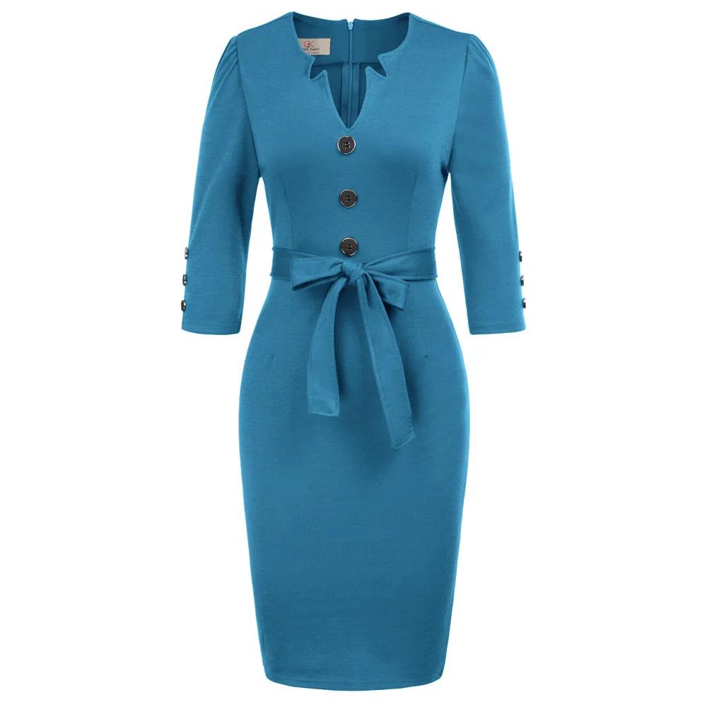 Женское платье деловое знаменитостей женское с рукавом 3/4 пуговицами и поясом