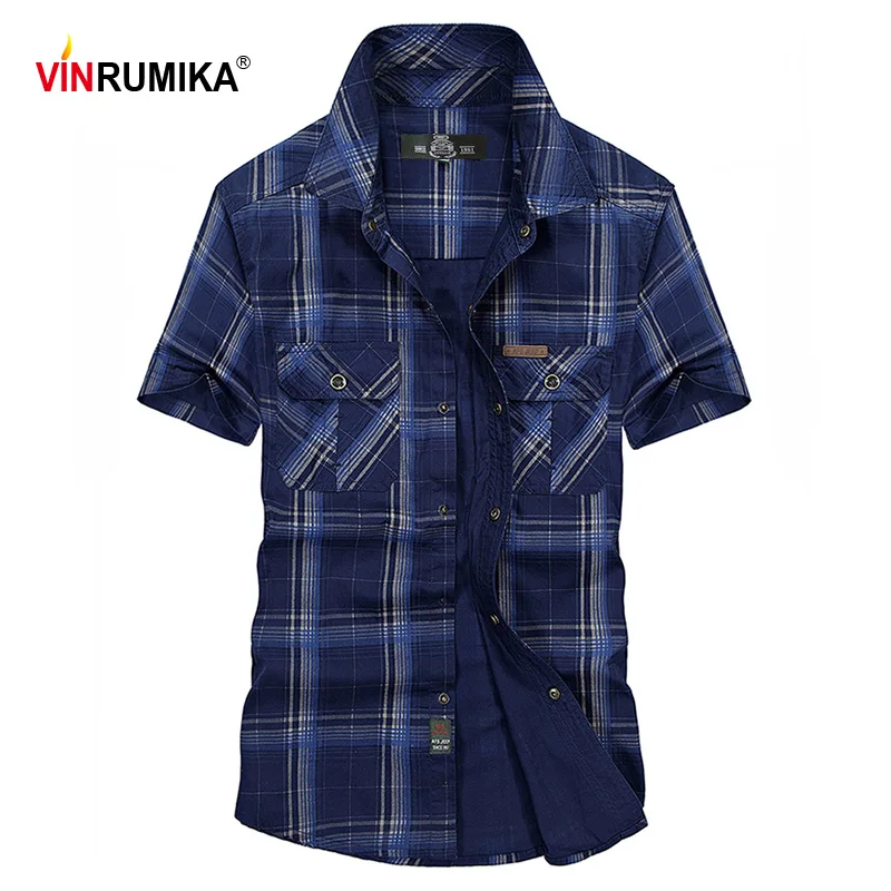 

VINRUMIKA Plus Size 2022 Summer men's casual brand army green plaid short shirt man 100% pure cotton khaki grid shirts blue tops