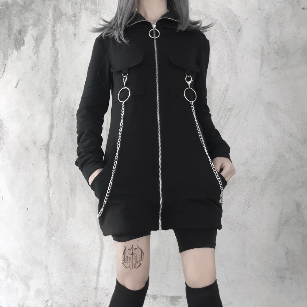 InsGoth Black Hooded Sweatshirts Women Coats Gothic Punk Zipper Material Chain Long Hoodies Pullover Streetwear Lady Long Hoodie