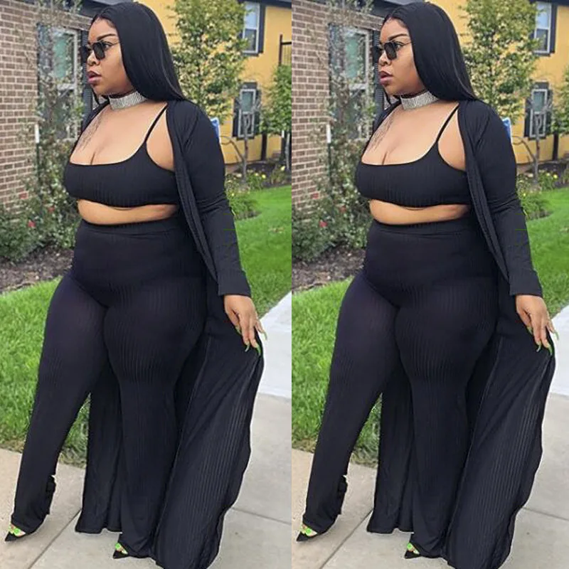 

Women Sexy Black 3 Piece Set Crop Top + Long Cardigan Coat + Wide Leg Pants Matching Outfit Plus Size 4xl 5xl Track Suit