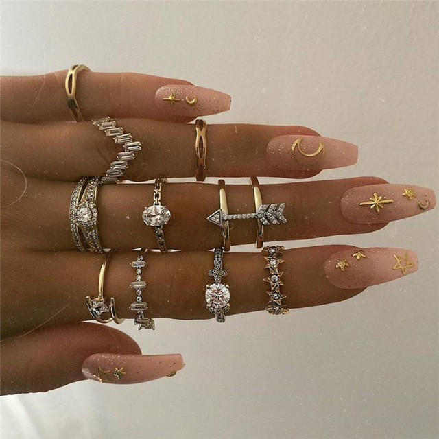 Crystal Geometry Knuckle Finger Ring Set For Women Eye Flower Leaves Charm Chain Rings Female Bohemia Jewelry