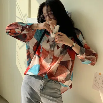 

Women Vintage Print Shirt Single-breasted Loose Blouse Fashion Casual Long Sleeve Lapel Shirt
