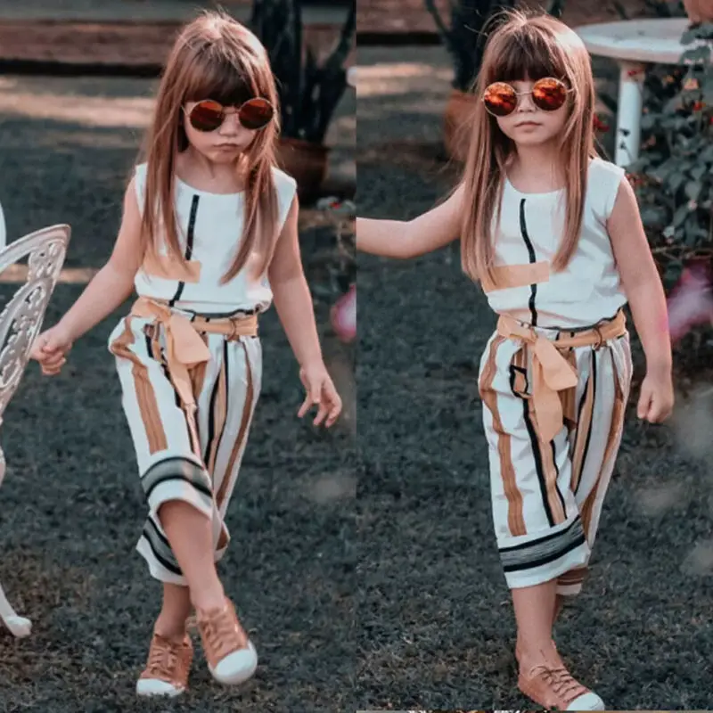 

Toddler Kids Girl Sleeveless Striped Tops Long Stripes Bow Pants Set Summer Outfits Clothes