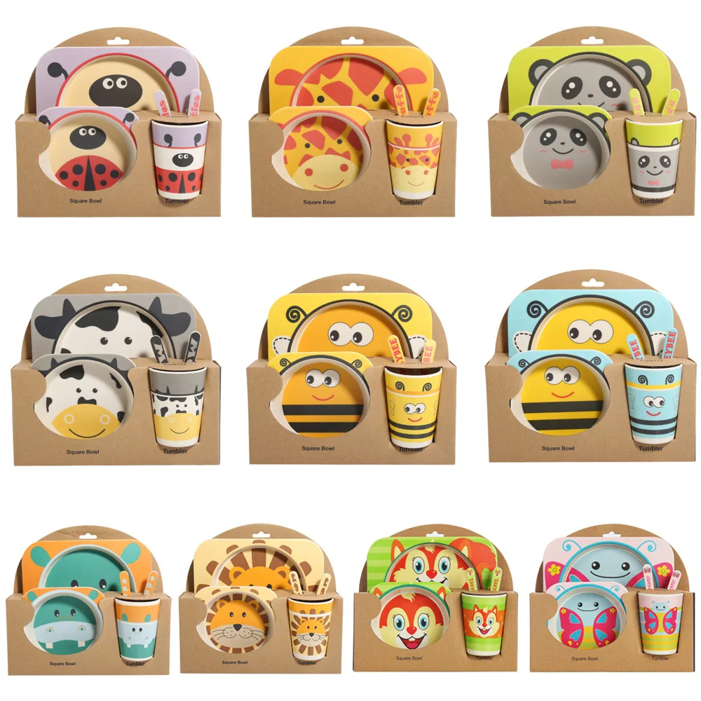 5 In 1 Baby Dishes Plate Cute Cartoon Children Dishes Suction Toddle Training Tableware Kids Feeding Bowls+Spoon+fork