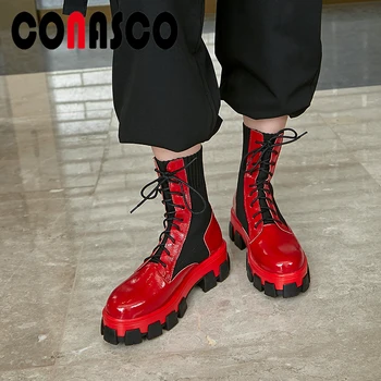 

CONASCO New Women Ankle Boots Popular Cool Genuine Leather Autumn Winter Lace-Up Platforms Boots Woman Martin Boots Martin Boots