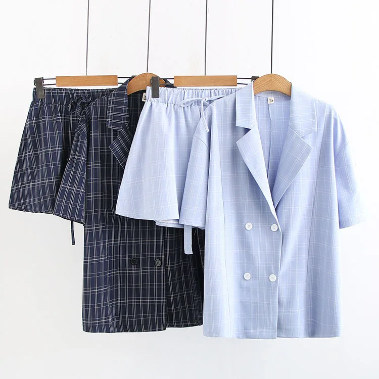 

Large Size New Style Set Summer New Style Plus-sized Casual Double Breasted Short-sleeved Top + Plaid Shorts Two-Piece Set
