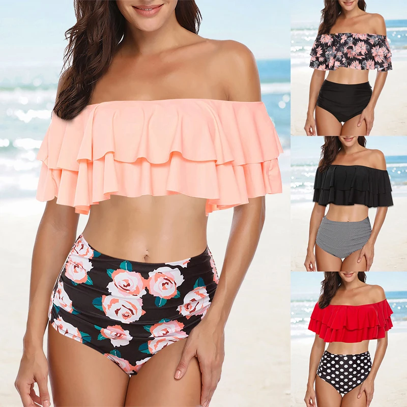 

Swimsuit for Women Sexy Retro Flounce Two Piece Bikini Ruffle Swimsuit Thong High Cut Bikini High Waist Bikini Set Swimwear