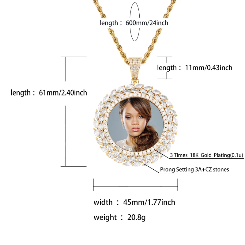 Custom Photo Round Medallion Solid Back Pendant Necklace With Tennis Chain Cubic Zircon Men's Hip hop Jewelry