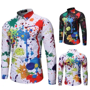 

Men splash-ink Shirt Black white Brand Fashion Casual Slim Print Long Sleeve Shirt Men Business Social Top Clothes