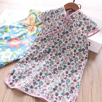 

2020 Summer Girls Buttons Printing Flower Cheongsam Dress Wholesale Children's Clothing