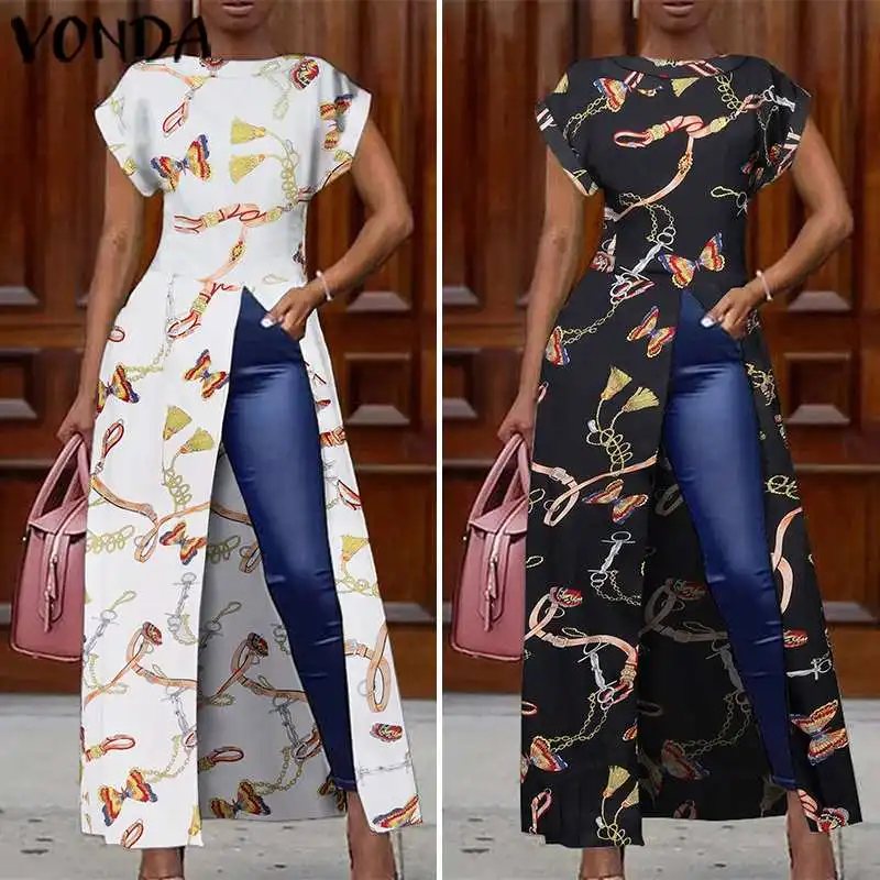 

VONDA Split Hem Blouse Women Vintage Printed Long Shirts Dress 2020 Summer Tunic Female Casual Loose Party Tops Plus Size Blusas