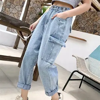 

Fashion 2019 Women High Waist Pants Autumn New Retro Solid Loose Jeans Casual Pockets Denim Trousers