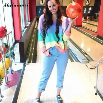 

Rainbow Women Sweater V Neck Autumn Fashion Striped Knitted Pullover 2019 Causal Long Sleeve Streetwear Loose Pull Femme Jumper