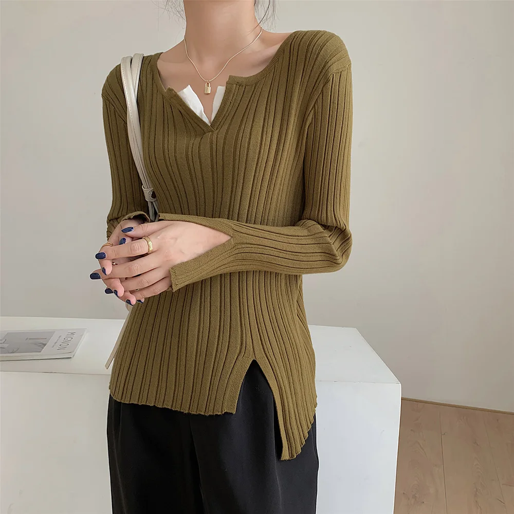 

Croysier 2021 Winter Clothes Women Long Sleeve Casual Pullover Sweater Fashion Asymmetric Slit Hem Knitted Sweaters Pullovers