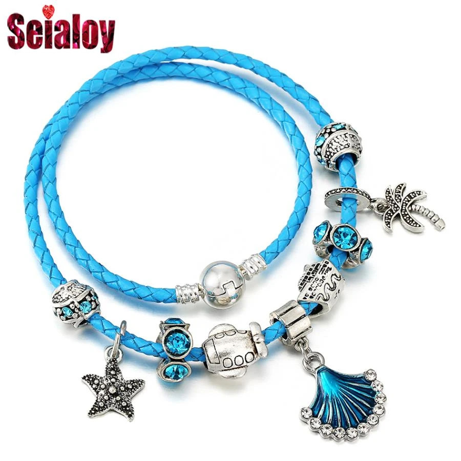 Seialoy Ocean Crystal Beads Blue Leather Charms Bracelets For Women Men Airplane Ship Beads Starfish Charm Bracelet Gift|Charm Bracelets| - AliExpress