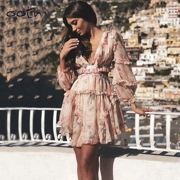 

Summer Fashion Mini Floral Print Dress Women Petal Sleeve Lace-Up Ruffle Dresses Slim Tulle Sexy Backless V Neck Flouncing Dress