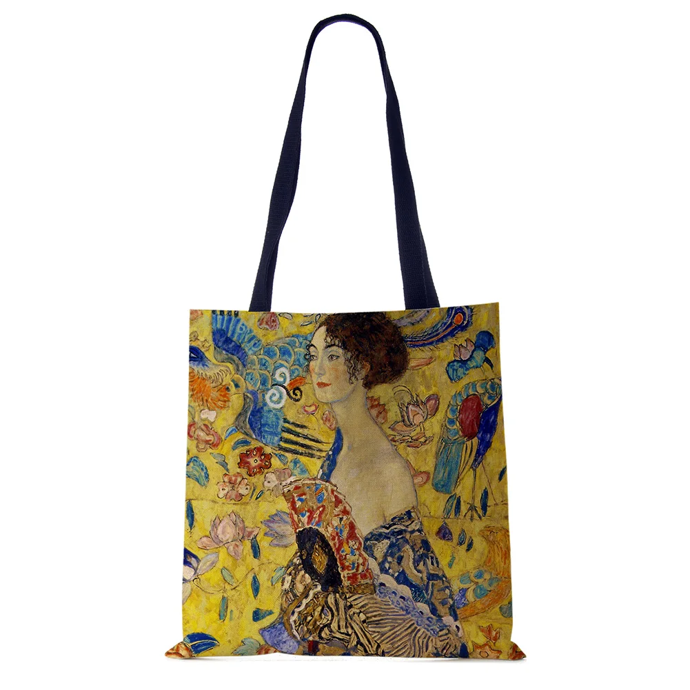 Customized Oil Painting Tears Linen Cloth Tote Bags For Women Gustav Klimt Ladise Fashion Handbag Large Capacity Shopping Totes