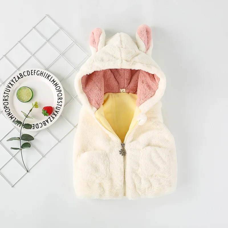beige Зимний жилет для маленьких девочек теплое флисовое пальто с искусственным мехом Детская куртка Верхняя одежда с капюшоном и заячьими ушками Детская куртка для девочек - Цвет: beige