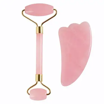 

2 Pcs Rose Quartz Roller Natural Jade Facial Roller Massager Face Anti Aging ( Rose Quartz + Heart-shaped Jade with Gift Box)
