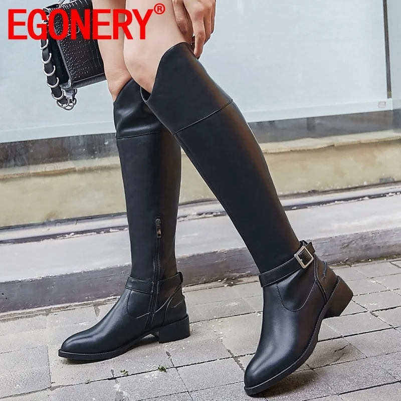 

EGONERY winter new concise knee high boots outside comfortable warm low heels round toe buckle zip women shoes drop shipping