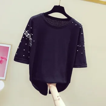 

Loose Tshirt Women Black 2020 Summer New Korean Fashion Heavy Industry Beaded Round Neck Short Sleeved T-shirt Students Tees Top