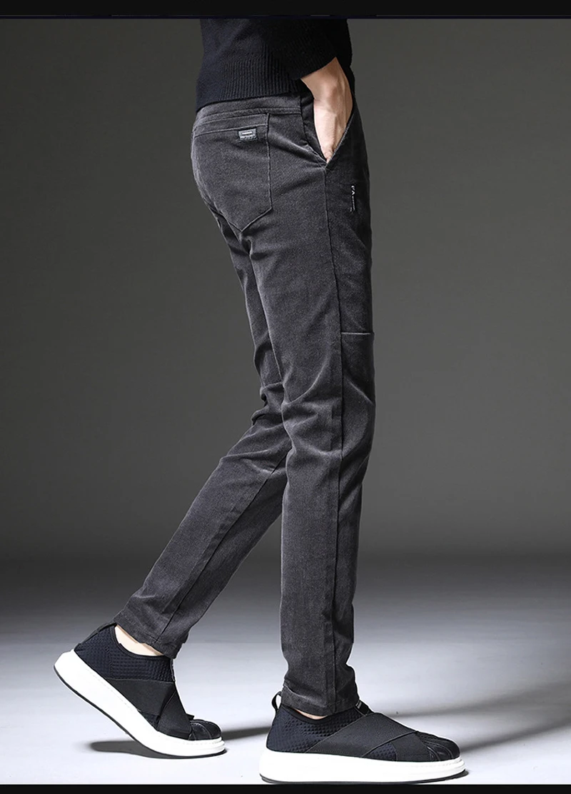 Модные классические зимние мужские джинсы серого, черного, кофейного цвета, повседневные Бархатные вельветовые брюки, мужские корейские облегающие теплые узкие брюки