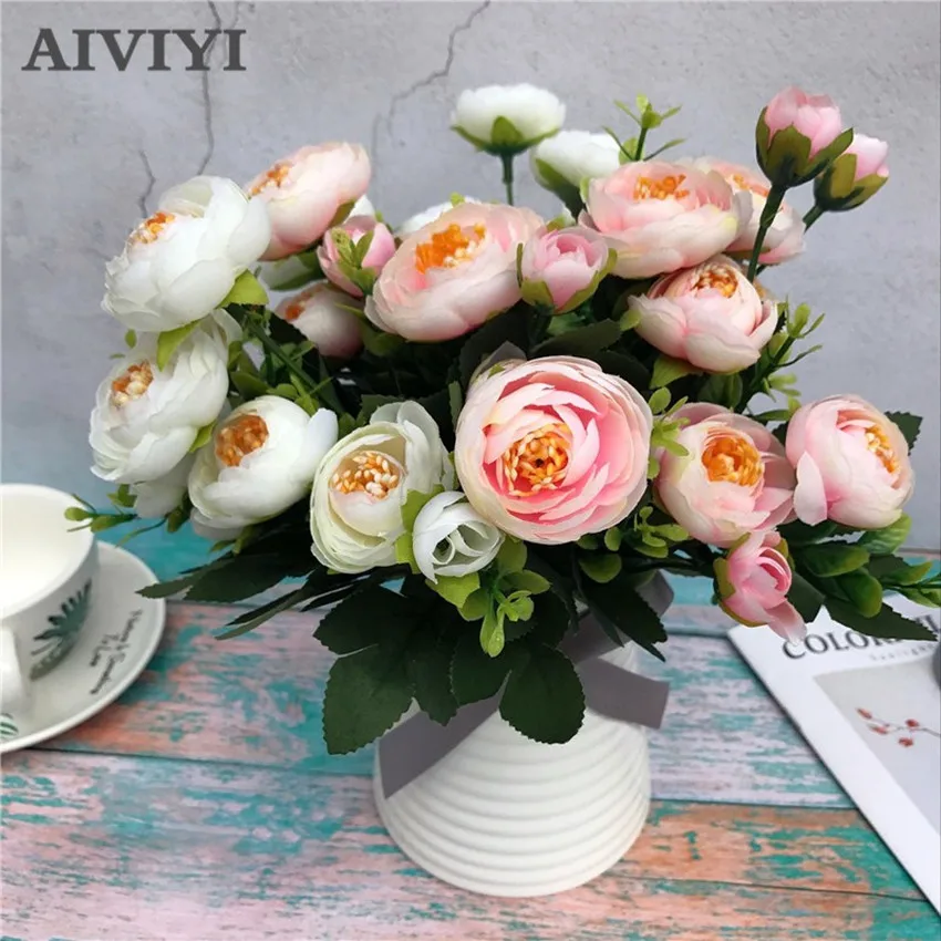 Artificial Silk Peonies Flower Buds Branch Wed Party Decor Bouquet Wedding Decorative Vases