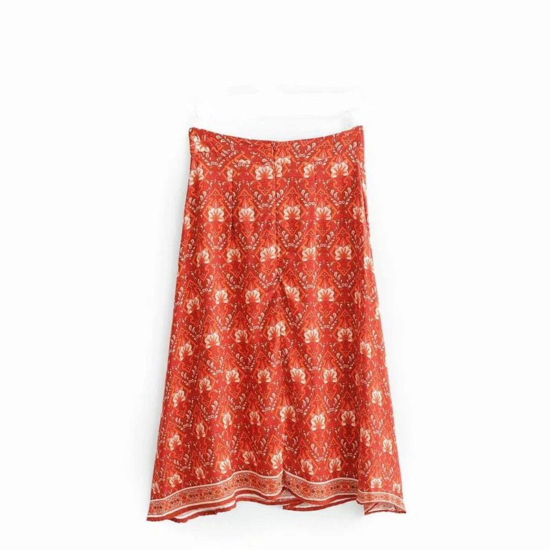 Летняя мода хиппи Женская сетчатая прошитая красная богемная юбка с цветочным принтом женская одежда из вискозы и хлопка пляжная юбка миди в стиле бохо