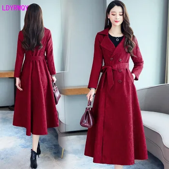 

2019 spring and autumn new Korean women's fashion lapel long-sleeved belt temperament slim slimming windbreaker Double Breasted