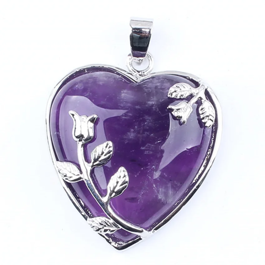 Крафт-бусы стильный покрытый серебром Натуральный Аметист Фиолетовый кварц «любовь навсегда» сердце с цветком кулон День святого Валентина